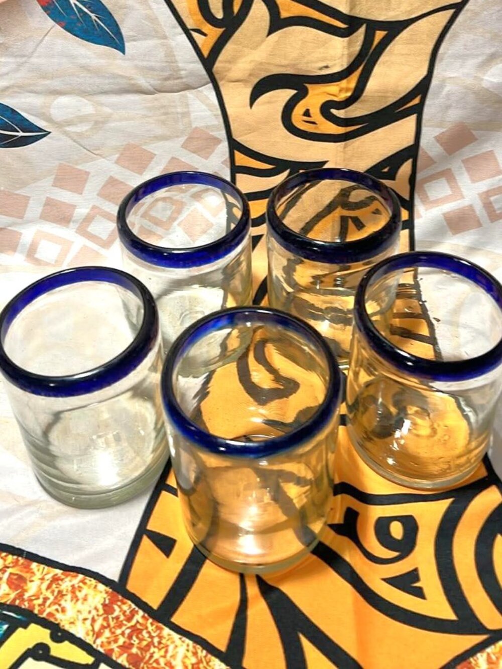 Hand‑Blown Cobalt Blue Rim Glass Tumblers – 12 oz - Set of 5